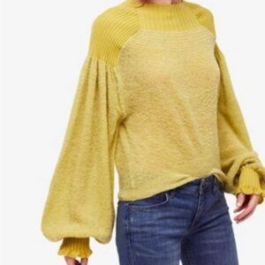 Free People Chartreuse Balloon Sleeve Sweater Cozy Chic Crew Neck Small S
